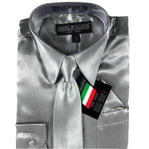 Daniel Ellissa Boys Silver Dress Shirt Tie and Hanky Satin Polyester Size 6